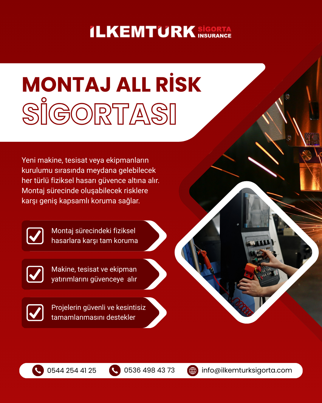 Montaj All Risk Sigortası, makine ve tesis kurulumunda vinç, taşıma ve devreye alma sırasında oluşabilecek hasarlara karşı güvence sağlar