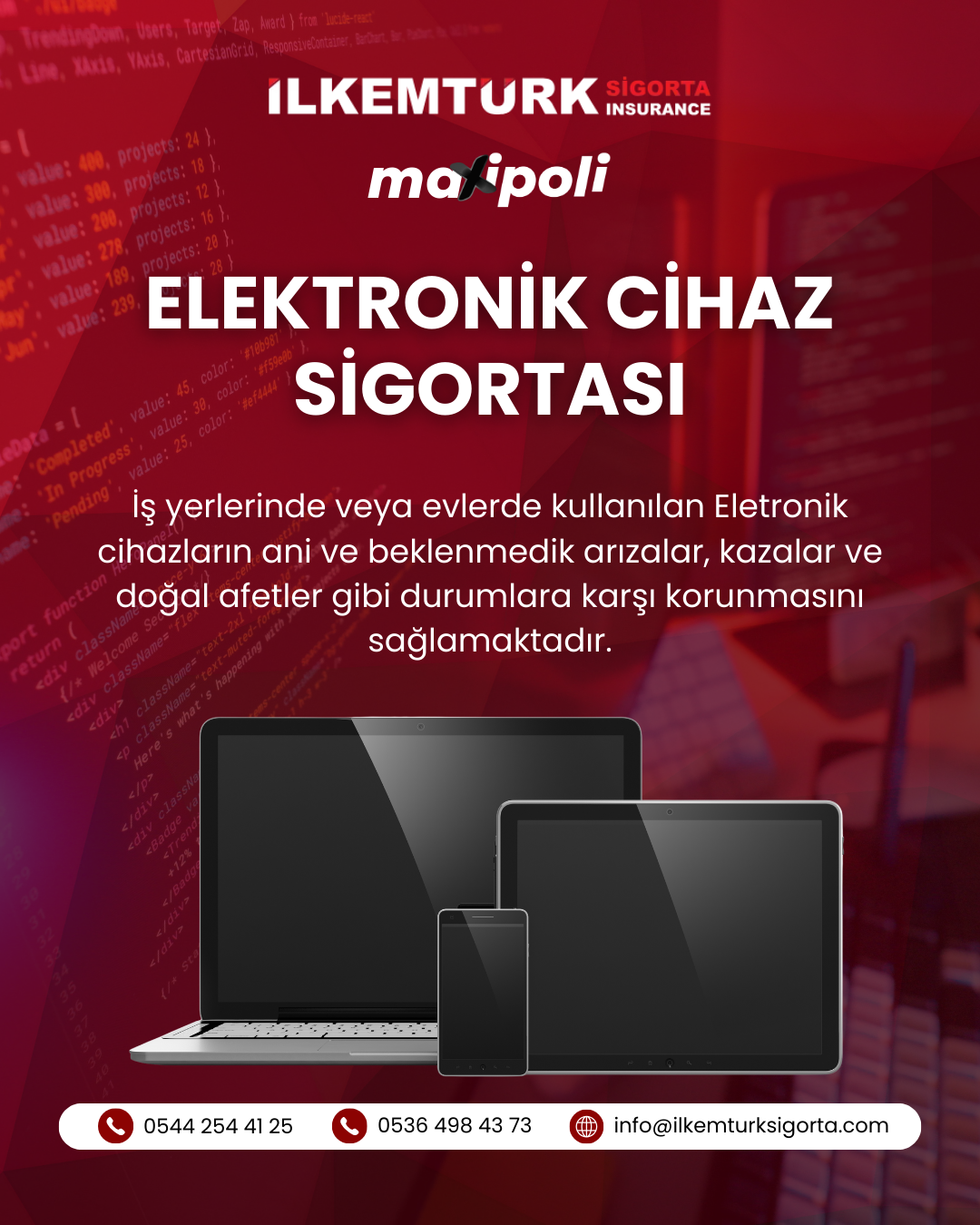 Elektronik cihaz sigortası ekran kırılması, düşme ve sıvı teması gibi ani hasarlarda poliçe şartlarına göre koruma sunar